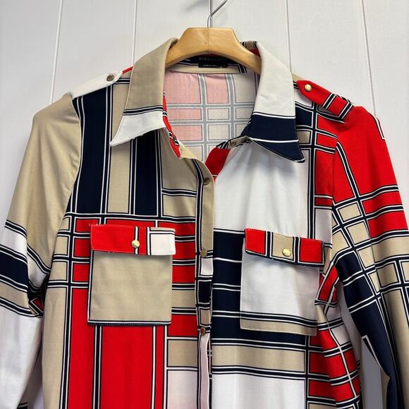 BCBG Maxazria Womens Retro Groovy Color Block Snap Down Top Size L 70s Vibes - Picture 8 of 8